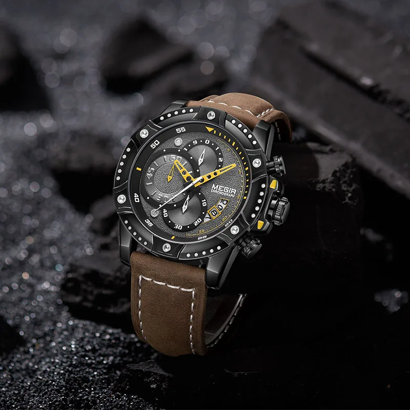 Часы MEGIR Мужские кварцевые с хронографом спортивные наручные кожаным ремешком