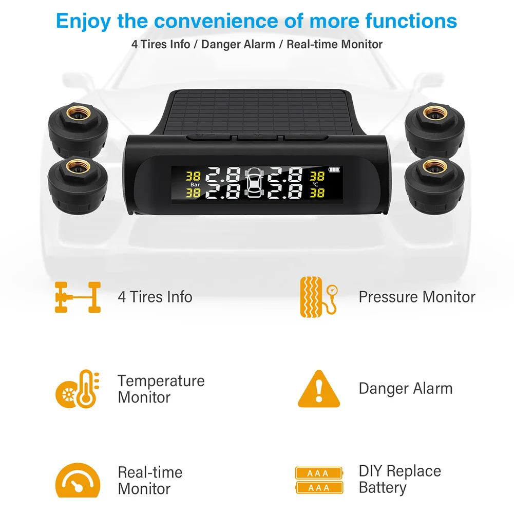 smart car tpms tyre pressure monitoring system digital lcd display auto security alarm systems tire pressure temperature warning free global shipping