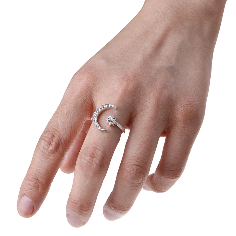 Модное открытое регулируемое циркониевое кольцо со звездой и луной модное