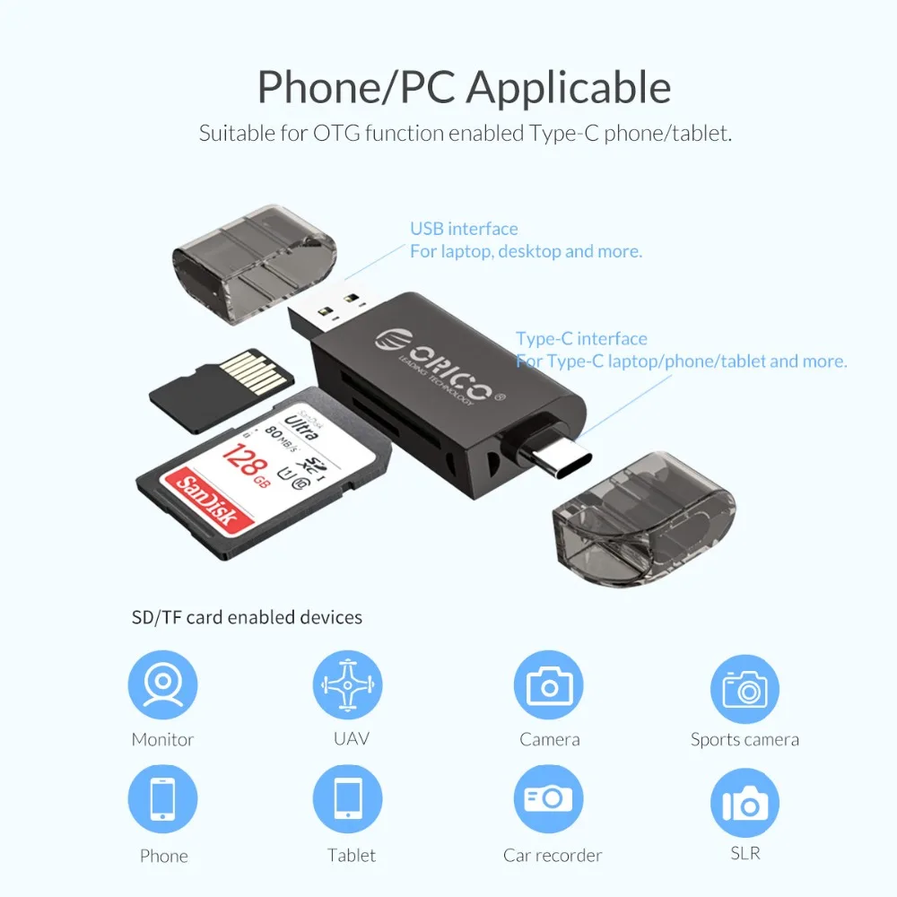 ORICO USB 3,0 SD TF кард-ридер 5 Гбит/с сверхскоростная передача Тип C кардридер портативный многофункциональный матч с OTG