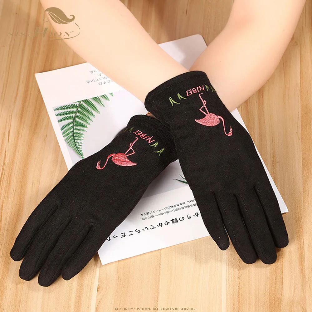 

SISHION Retro flamingo embroidered suede touch screen gloves autumn and winter warm female winter driving gloves SP0695