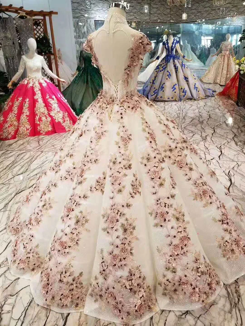 BGW 2276ht Flower Pleat Evening Dresses O-neck Long Sleeves Appliques Lace Up Back Floor Length Muslim Prom Dresses Swollen Gown