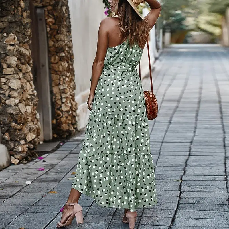 

Summer Beach Boho Maxi Dress Women Wave Point Print Long Dress Ruffles Sleeveless Backless Sexy Sundress Robe Holiday Dresses