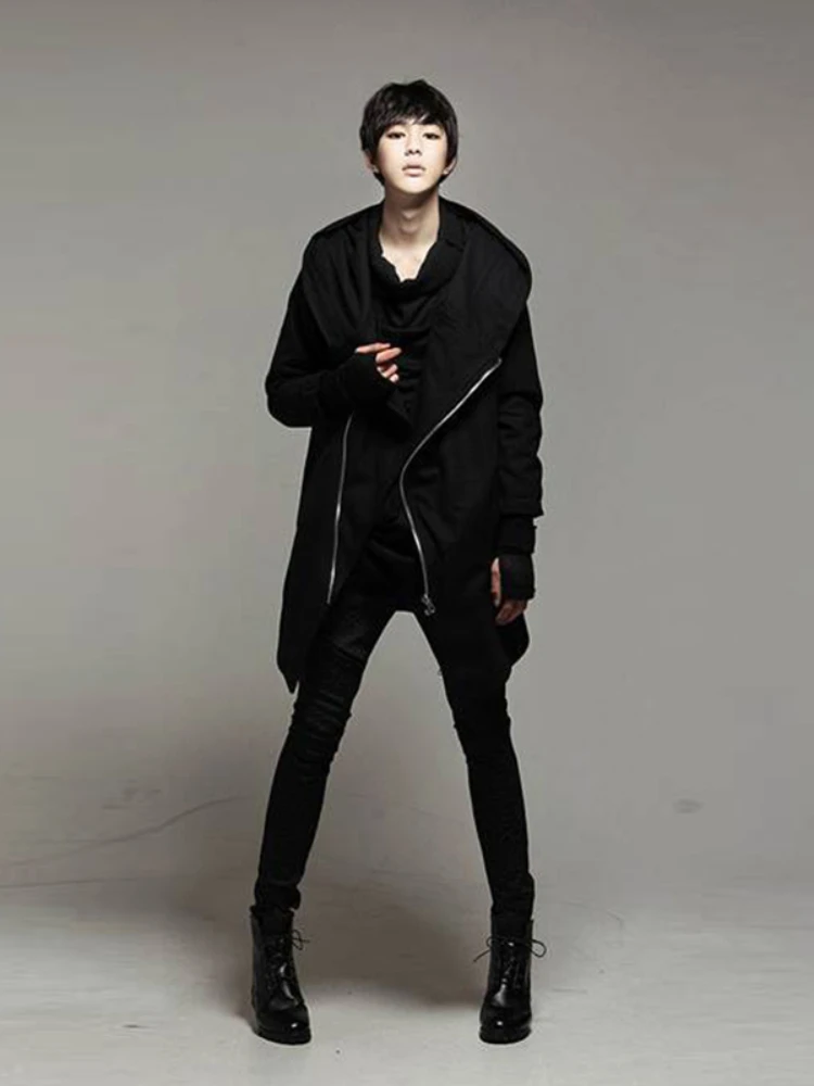 

Spring New Wave Men's Long Section Diagonal Zipper Hooded Gloves Woolen Coat Men's Large Size Big Hat Coat Clothing Overcoat