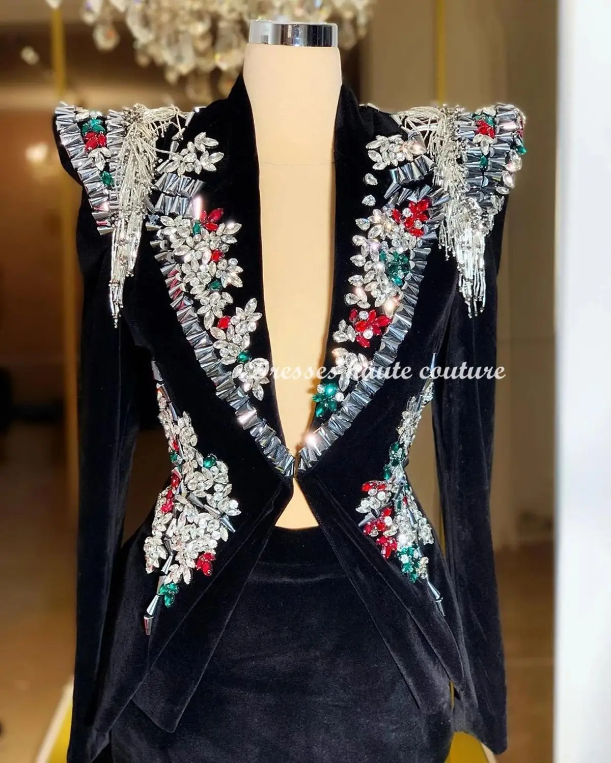 Бархатный пиджак и юбка комплект с вышивкой кристаллами длинное вечернее платье