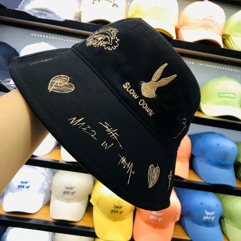 

Black White Embroidery Rabbit Pattern Bucket Hat Caps Hip Hop Men Women Summer UV Cap Beach Sun Fisherman Panama Hat