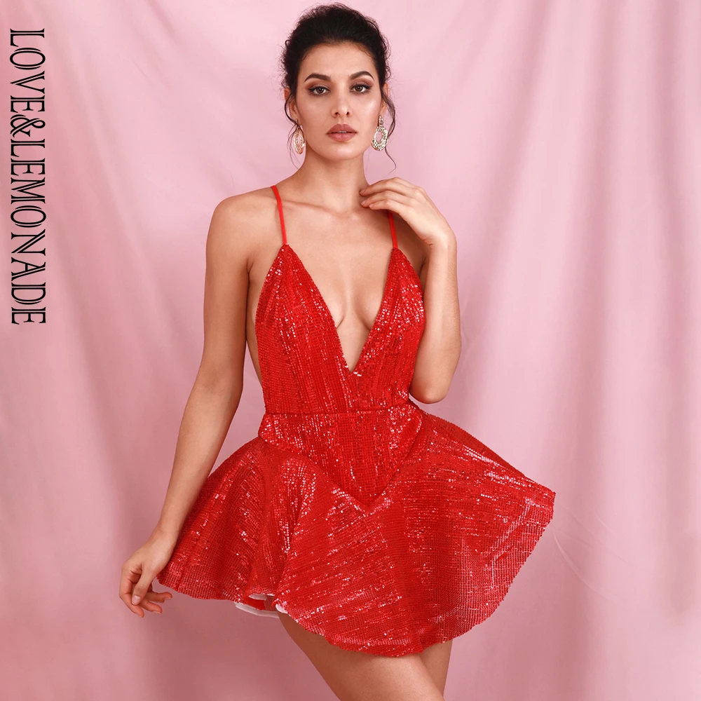 Женский костюм с блестками LOVE & LEMONADE красный пляжного типа глубоким V образным