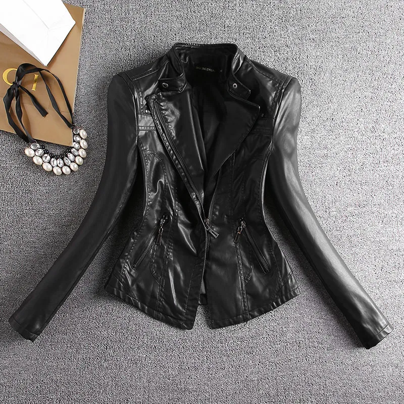 

Autumn Women PU Faux Leather Zipper Jackets Female Short Slim Coats L1211195