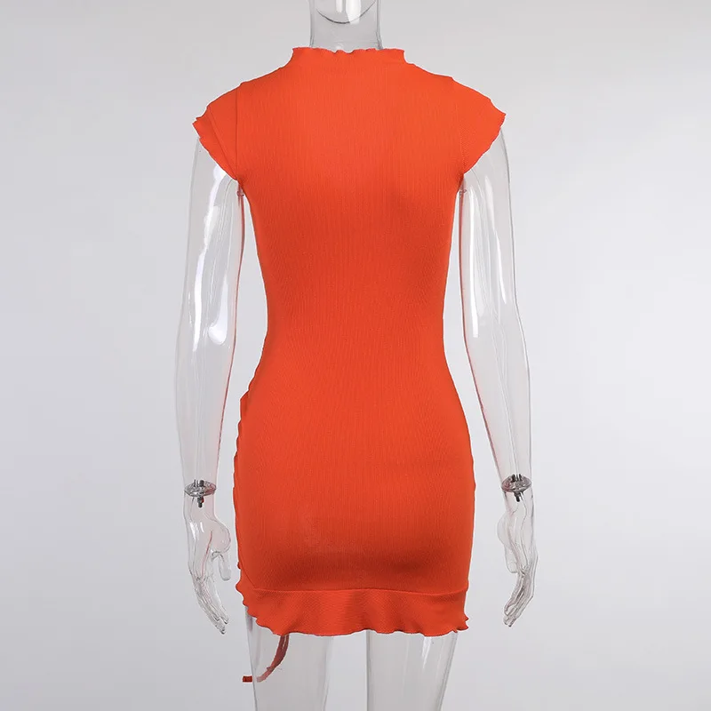 

Drawstring Lace Up Ribbed Bodycon Ruched Women Dress Summer Knitted Sleeveless V Neck Vacation Mini Dress Female Streetwear 2021