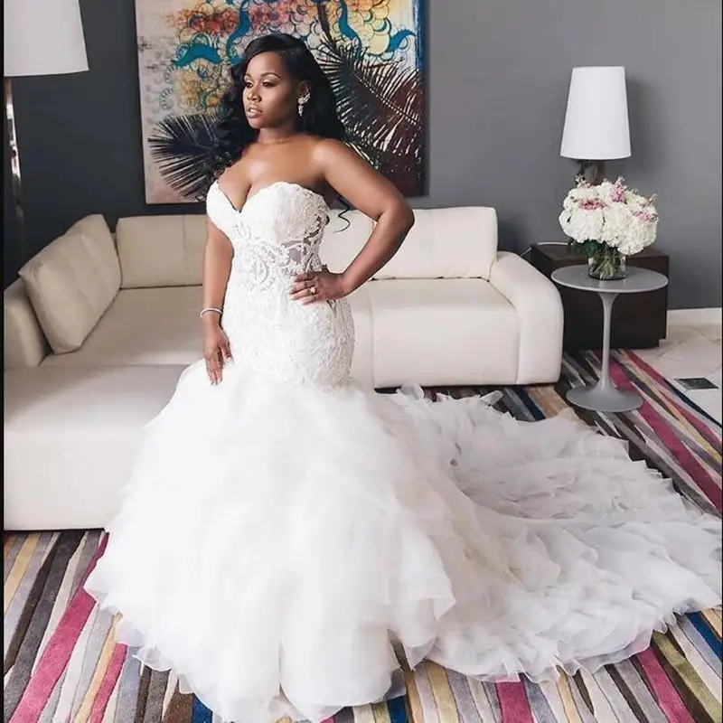 

African Nigerian Modern Plus Size Mermaid Wedding Dresses Sweetheart Lace Appliques Beads Sweep Train Wedding Dress Bridal Gowns