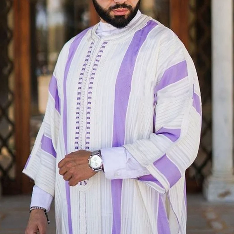 Men's Long Sleeve Casual Robe Dashiki Mens Simple Purple Striped Printed Shirt African Traditional Plus Size Shirt Chilaba Man