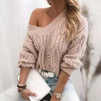 2021 women sweaters autumn winter tops women pullover v neck beaded long sleeve knitted jumper soft warm pull sw031