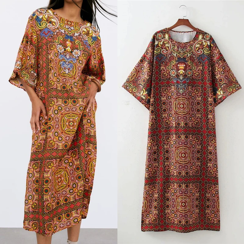 

Za 2021 Print Tunic Dress Women Half Sleeve Midi Dress Woman Vintage Summer Long Dresses Hem Slit Loose Casual Dresses