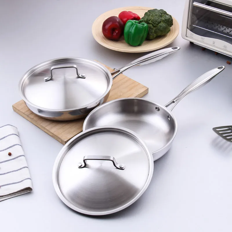 

304 Stainless Steel Fying Pan Non Stick Uncoated Composite Bottom With Lid Cooking Kitchen Supplies Wok Pancake Pot Steak Eggs
