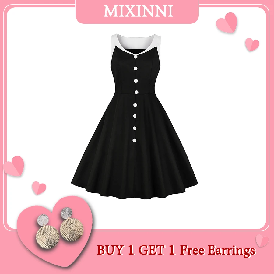 

MIXINNI Women's Dress Pure Color Stitching Retro Temperament Dress 1731A