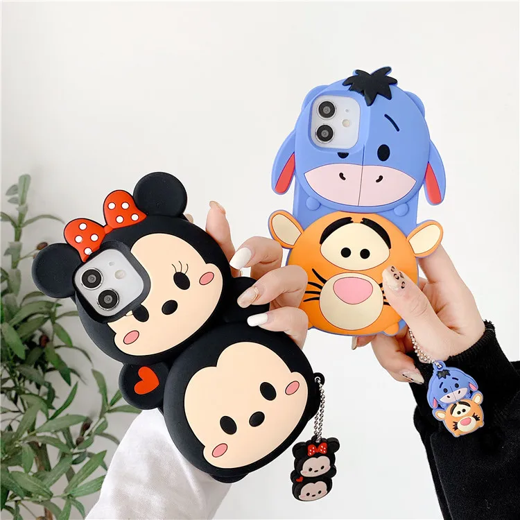 Disney 3D Cartoon Mickey Minnie Mobile Phone Case with Pendant for iPhone 13 12 11 Pro Max Mini XR XS Plus Cute Back Covers