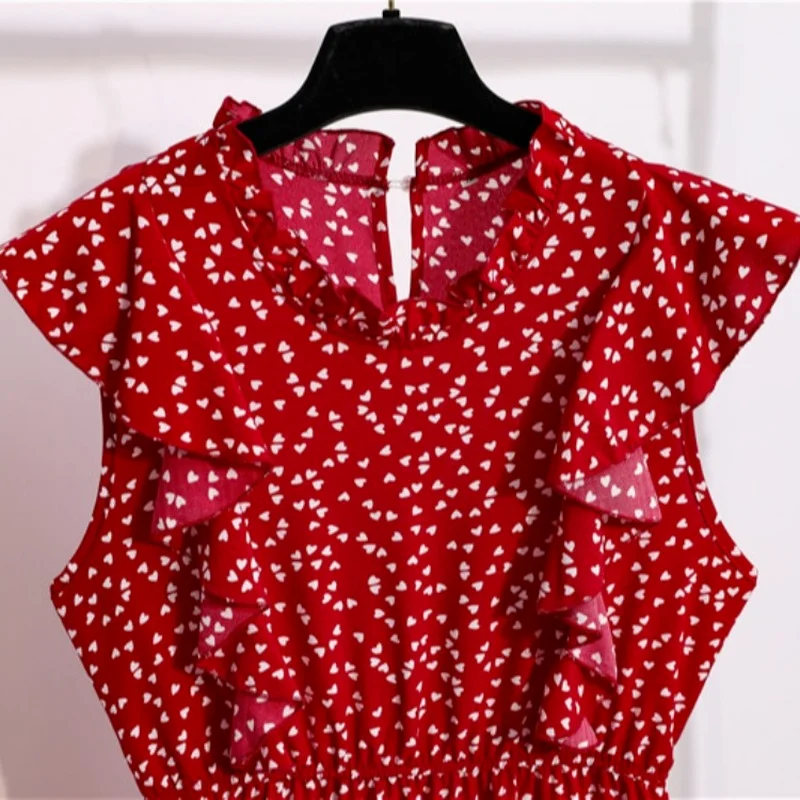 

2021 New Summer Dot Print Dress Women Casual Butterfly Sleeve Ruffles Medium Long Chiffon Dress Lady Fashion Clothing