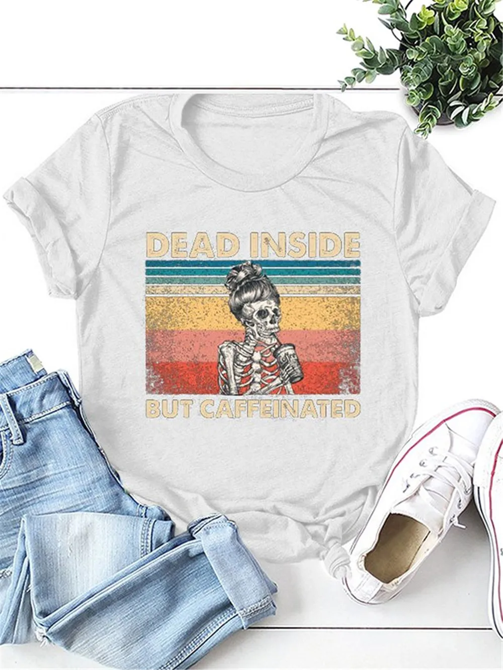 

Skeleton Dead Inside But Caffeinated T Shirt Vintage Coffee Lover Gift Graphic Cotton Tees