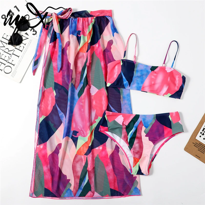 

2021 3 Pieces Set Bikini High Waist Split Swimwear Female Color Block Swimsuit Women String Elegant Bathing Suit