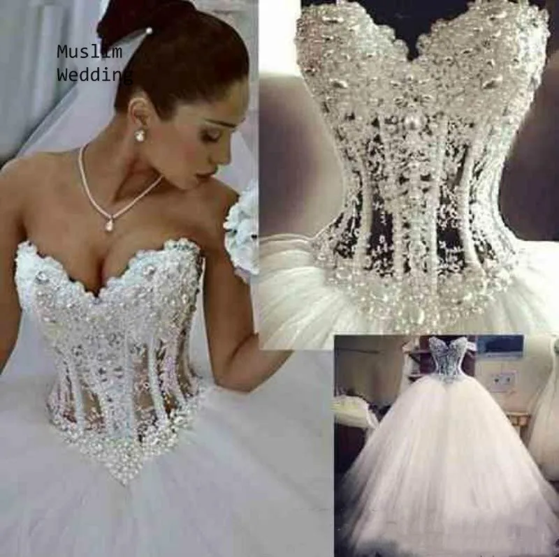 

Custom Made Pearls Ball Gown Wedding Dresses Sweetheart Corset Top Tulle Country Wedding Dress 2019 Vintage Princess Bride Dress