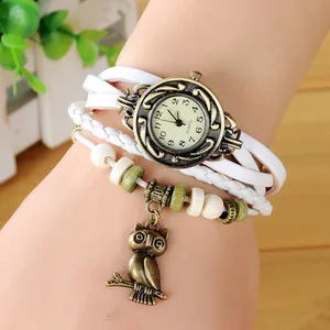 Женские часы с подвеской в виде совы, элегантные винтажные наручные часы из искусственной кожи с деревянными бусинами, 2019