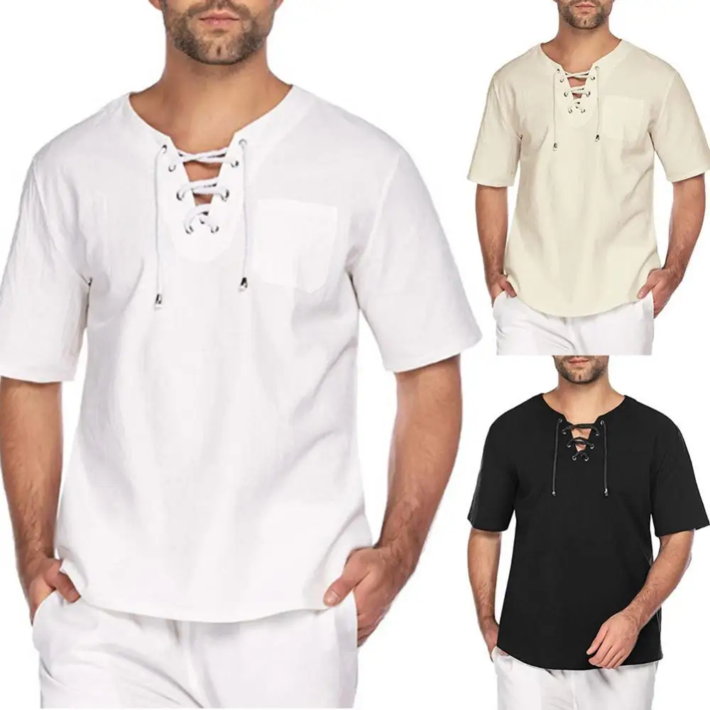 

Casual Summer Men Solid Color Short Sleeve Bandage Pocket Linen T-shirt Top