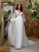 roddrsya elegant wedding dress 2022 a line v neck lantern sleeve tulle lace appliques sweep train bride gown vestidos de noiva