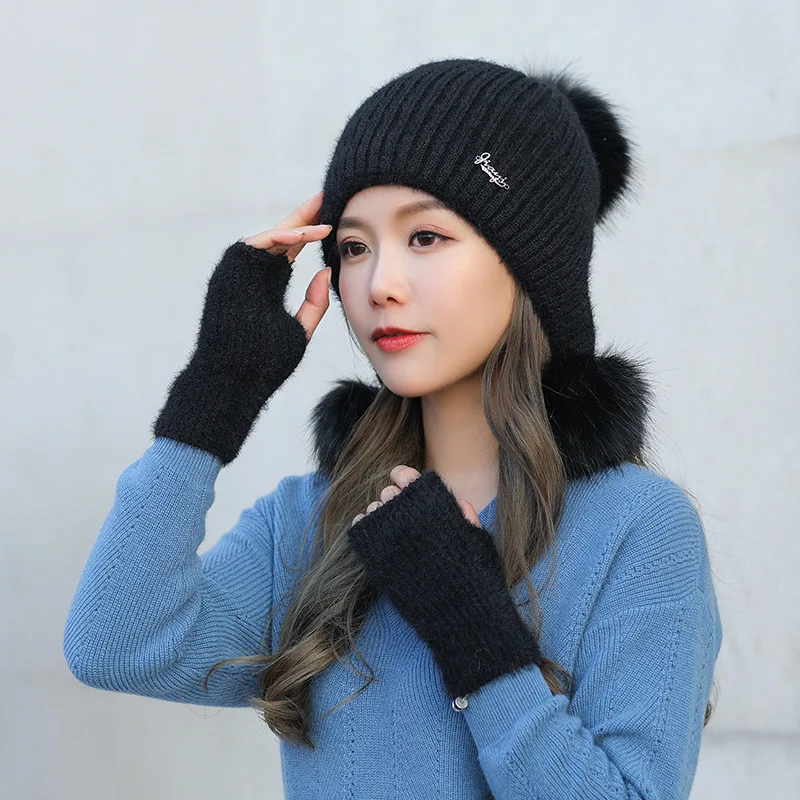 Норковая шерстяная вязаная шапка уличная защита ушей женская зимняя набор