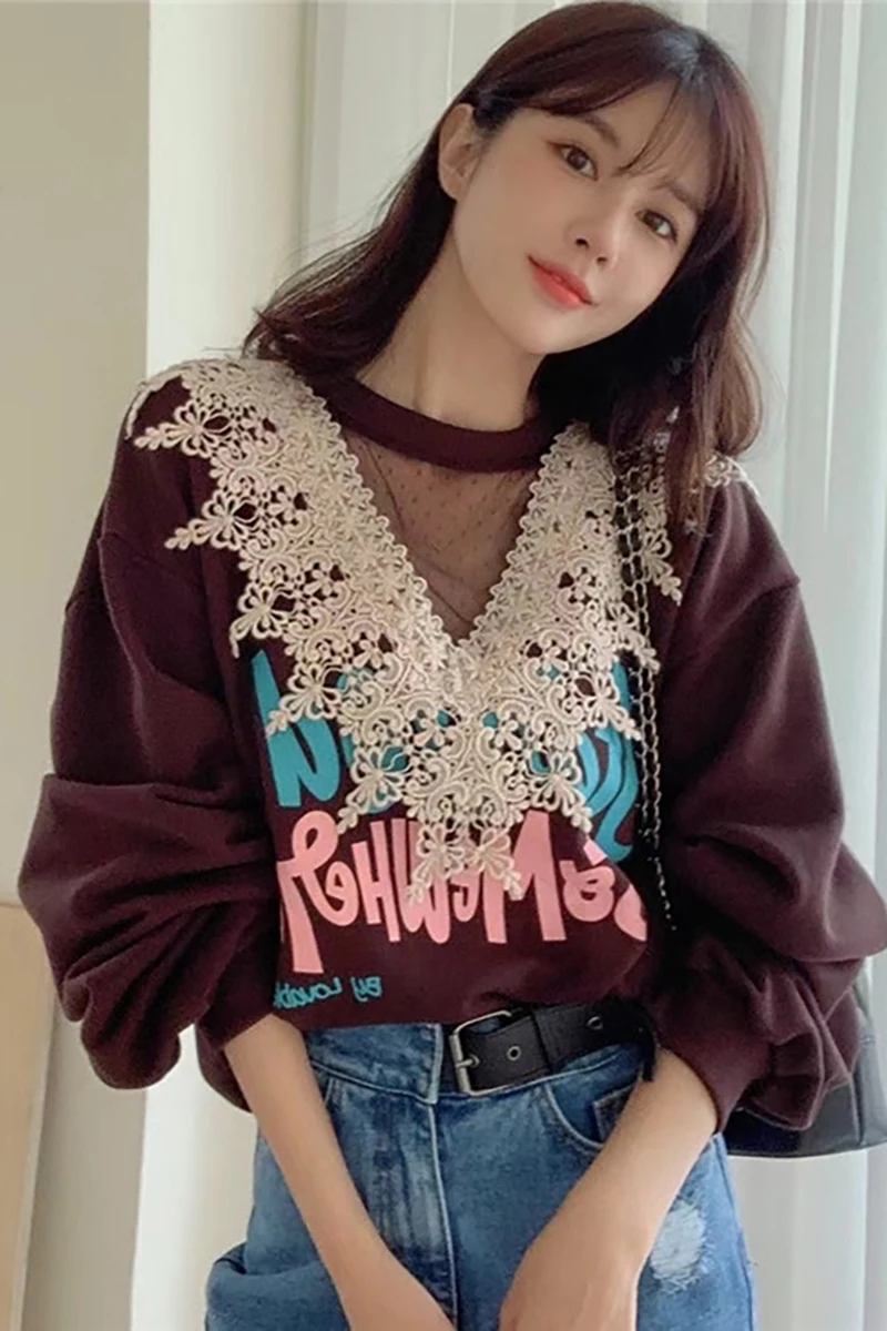 

Korean Style New Patched Lace and Grenadine Sweatshirt Streetwear Women Fashion Clothes Loose Letters Pattern Hoodies