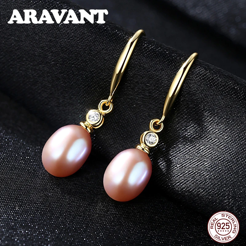 

925 Silver 18K Gold Pearl Drop Earrings For Women Fashion Jewelry