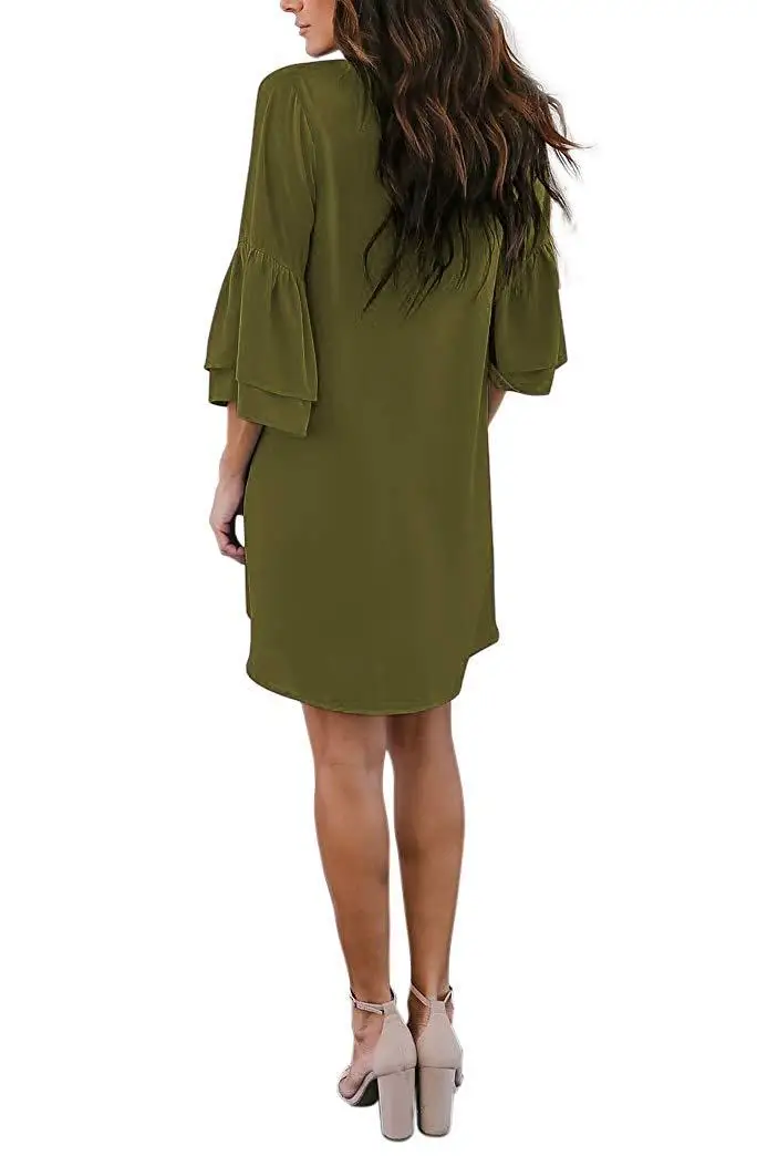 

Women's solid color long V-neck flared sleeves loose straight mini dress