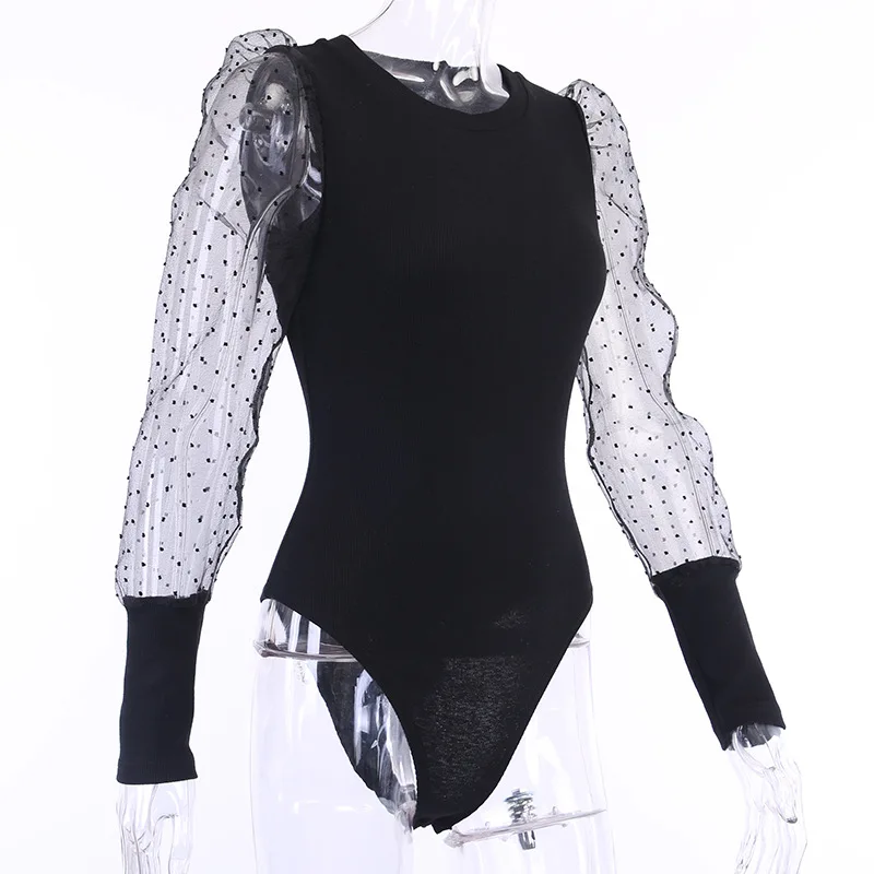 ArtSu Women Sexy Black Bodysuit Streetwear O-Neck Patchwork Long Sleeve Mesh Polka Dot Print Body Top Casual Overalls