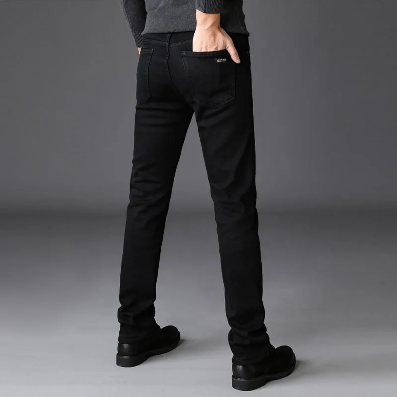 Модные зимние джинсы мужские черные облегающие эластичные плотные бархатные