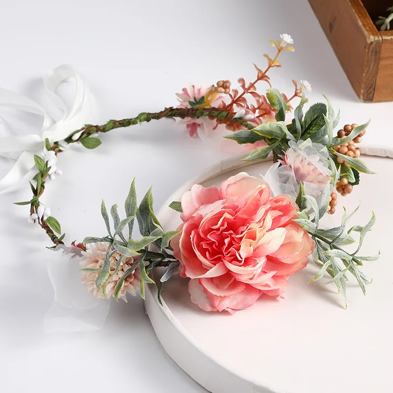 

Large Flower Head Wreath Bridal Headwear Headband Pink Artificial Flower Crown Rattan Ribbon Hairband Wedding Hair Accessories