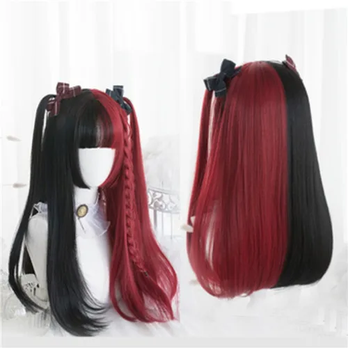 Long Wavy Косплей салон Лолита 30 см/65 см черный смешанный красный Омбре длинный короткий кудрявый прямой Боб челка Хэллоуин синтетический парик для косплея - Color: Long Wavy