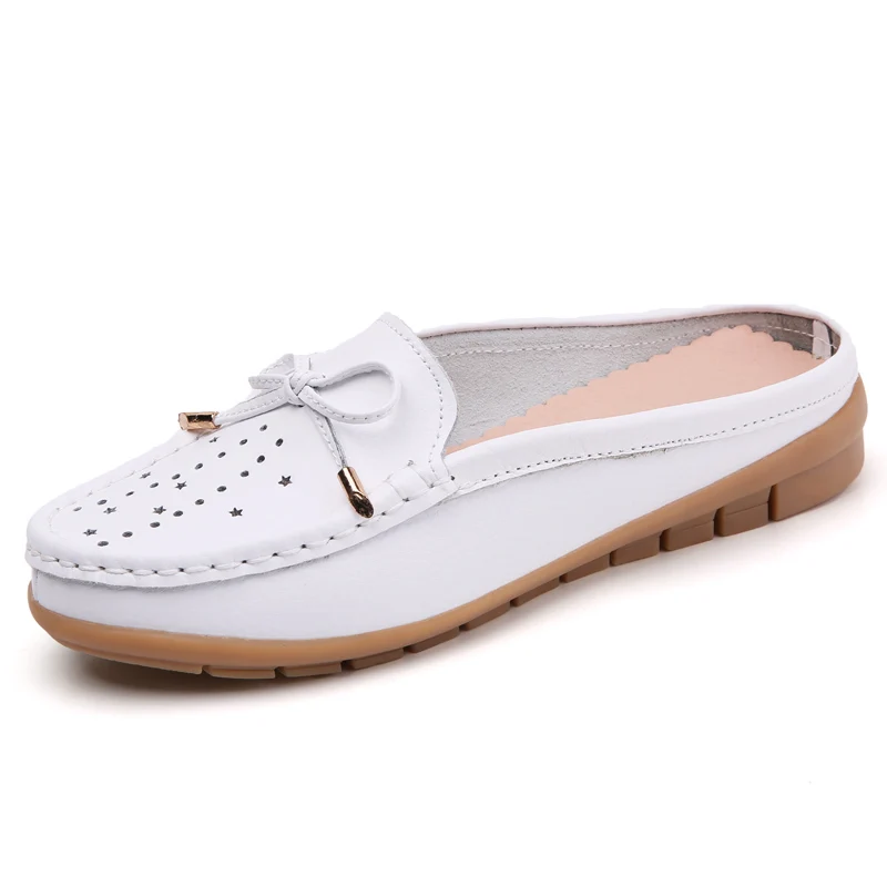 Мюли женские кожаные сланцы лоферы для девушек перфорированная обувь на плоской