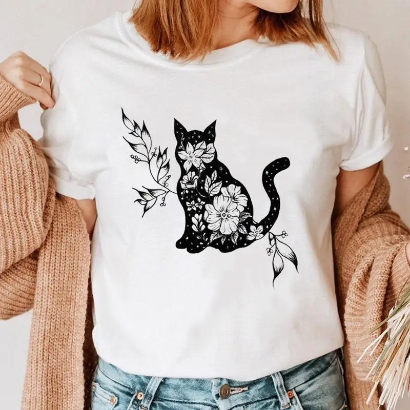 

Женская летняя футболка с коротким рукавом, с принтом кота и цветов