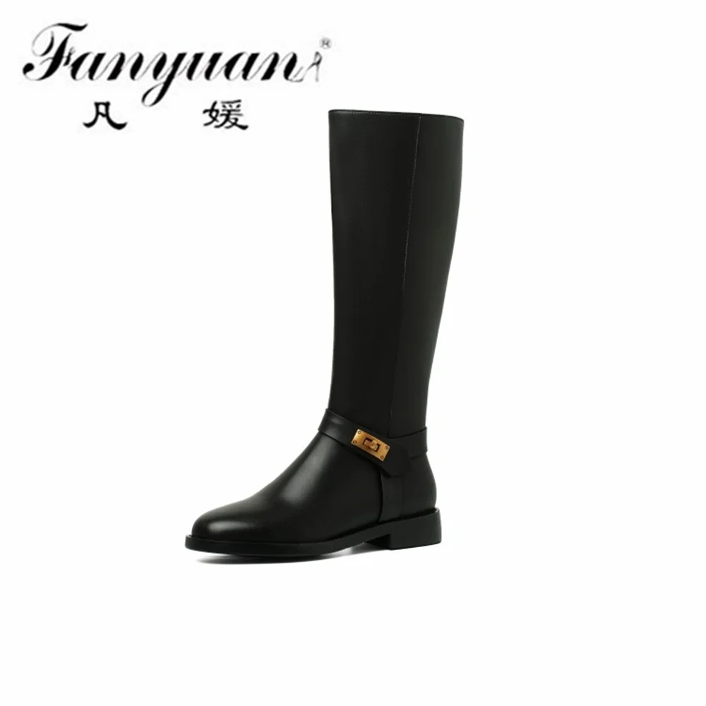 

Fanyuan Concise Classic Metal Decoration Women Knee-High Boots Concise Fashion Genuine Leather Casual Autumn Winter Shoes Woman