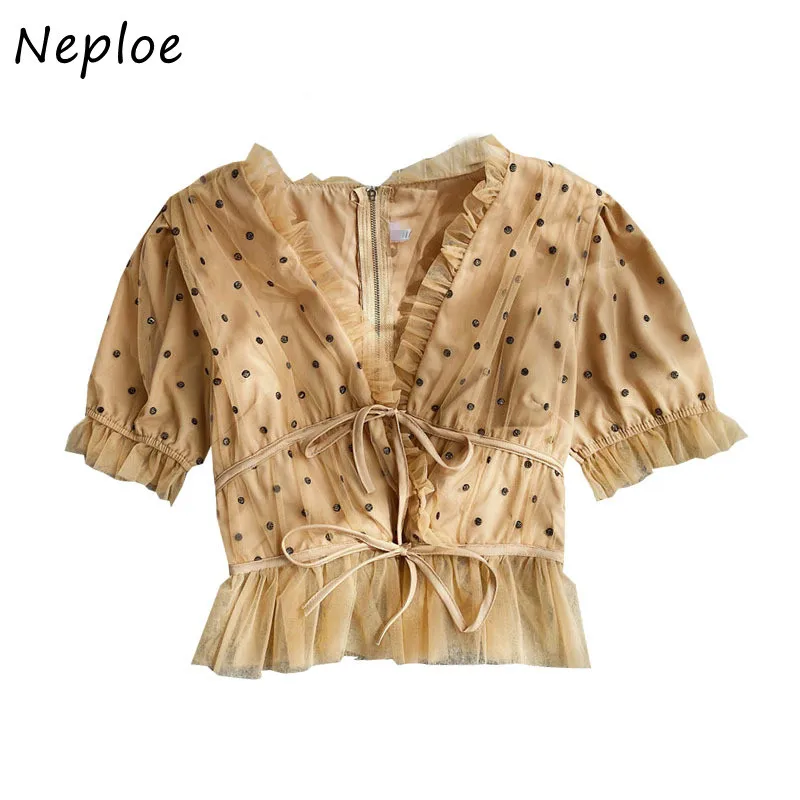 Розовая Клубничная сетчатая Сексуальная Блузка Neploe с V образным вырезом новинка