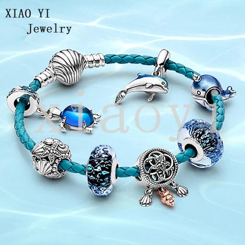 

XIAOYI S925 2020 New 11 Popular summer ocean series blue secret fish starfish turtle glass shell leather fashion bracelet female