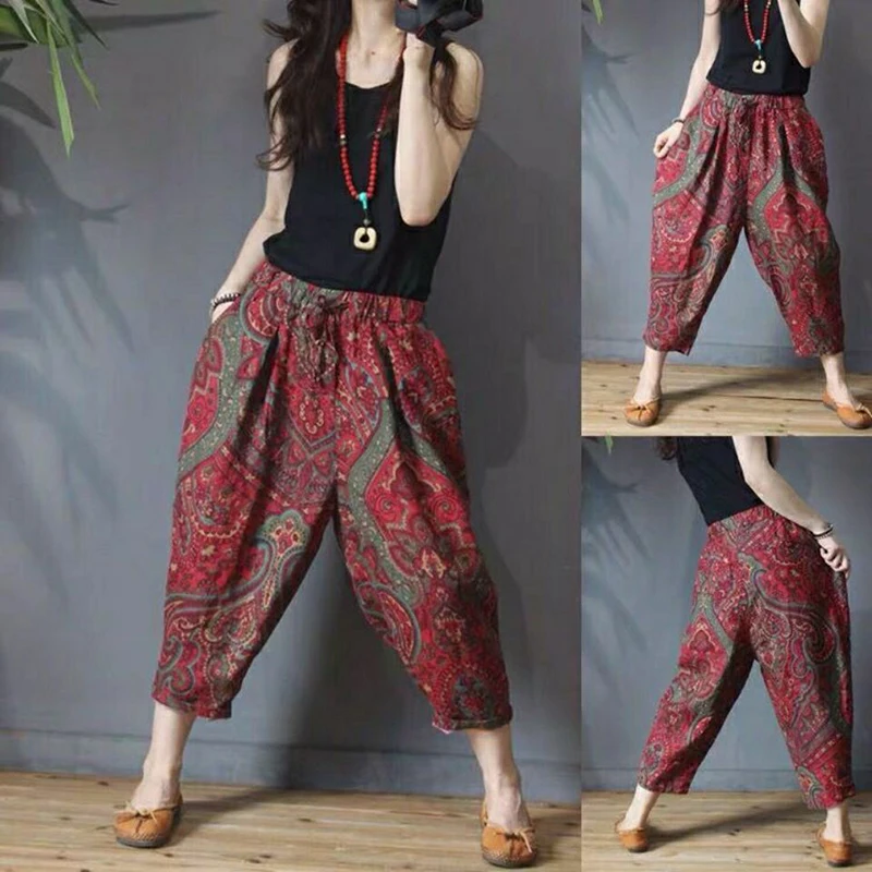 

2020 Summer New Arts Style Women Elastic Waist Ankle-length Loose Pants Vintage Print Cotton Linen Harem Pants Plus Size M178