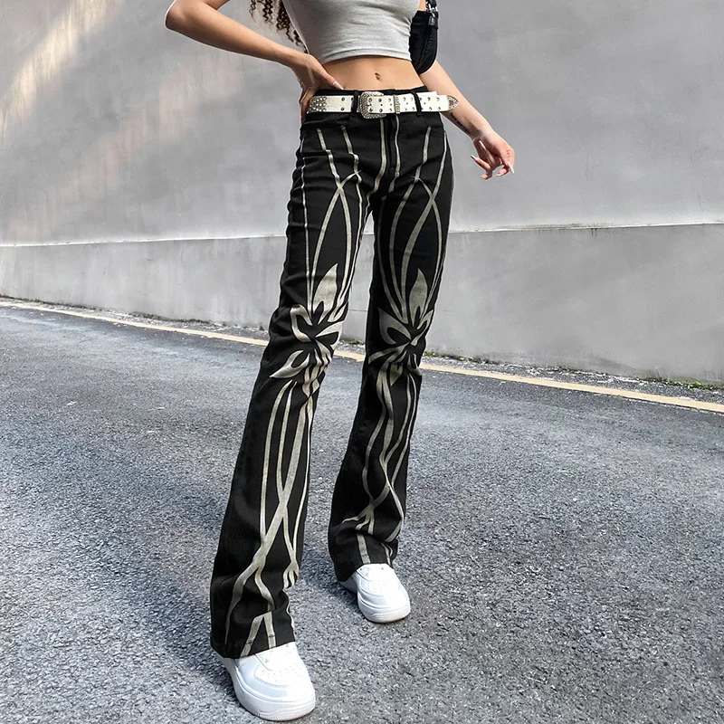 

Women Gothic Punk Jeans Streetwear Print Florals Straight Leg Denim Pants Mid Waist Y2k Trousers Black Mom Jeans Vintage Jeans