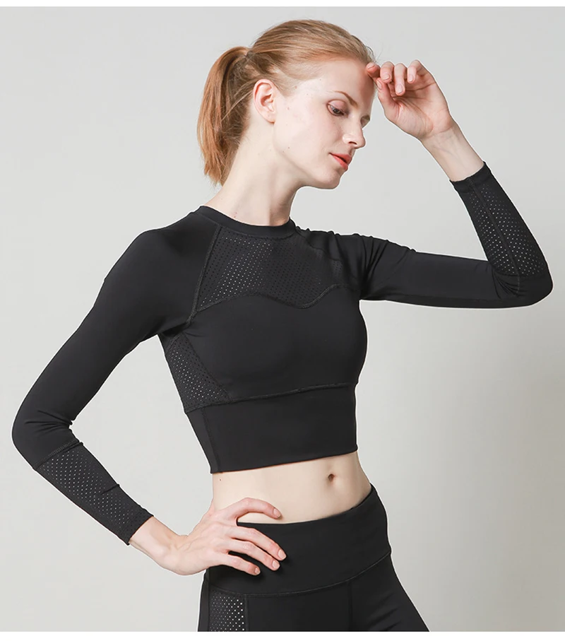 Women Seamless Long Sleeve Crop Top Yoga Athletic Gym Mesh Shirts Running Training Fitness Workout Top Quick Dry Active Shirts