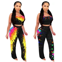 2020 summer women suit tie dye graffiti print tank top trousers two piece set european and american ladies s clothing