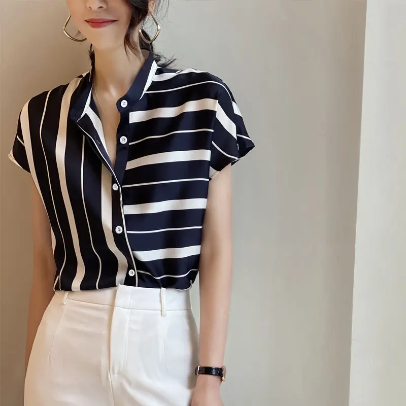 

Chiffon blouse short-sleeved summer female joker temperament new upmarket brim irregular stripe shirts