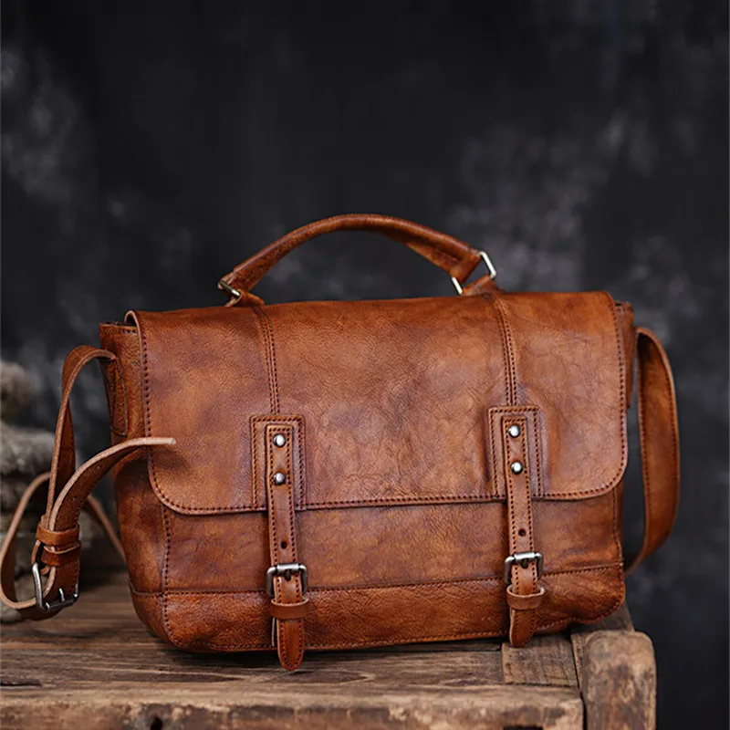 Retro fashion luxury natural real leather men portable briefcase daily office soft leather large capacity shoulder messenger bag