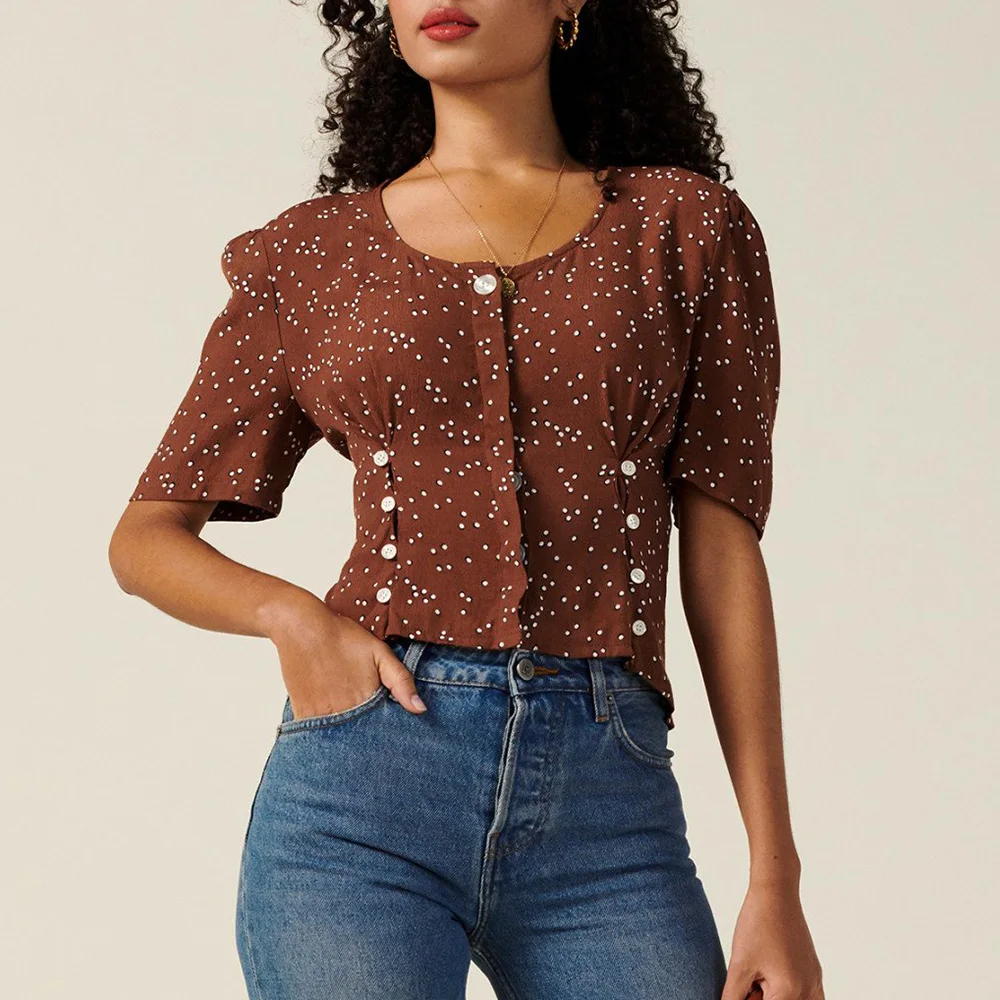

Blouse Women 2020 Summer Short Sleeve Round Neck Polka Dot Women Blouses Slim Buttoned Waist Elegant Vintage Tops Women Clothes