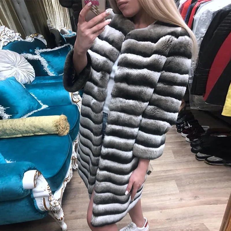 90cm Long Real Chinchilla Color Rex Rabbit Fur Coat O-neck Luxury Women Winter Fashion Genuine Rex Rabbit Fur Coats Full Pelt