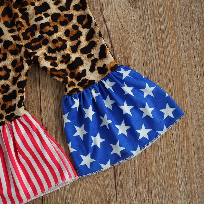 

Independence Days Girls Clothing Cute Baby Girl Cotton Short Sleeve T-shirt Tops Star & Striped & Leopard Printed Flare Pants