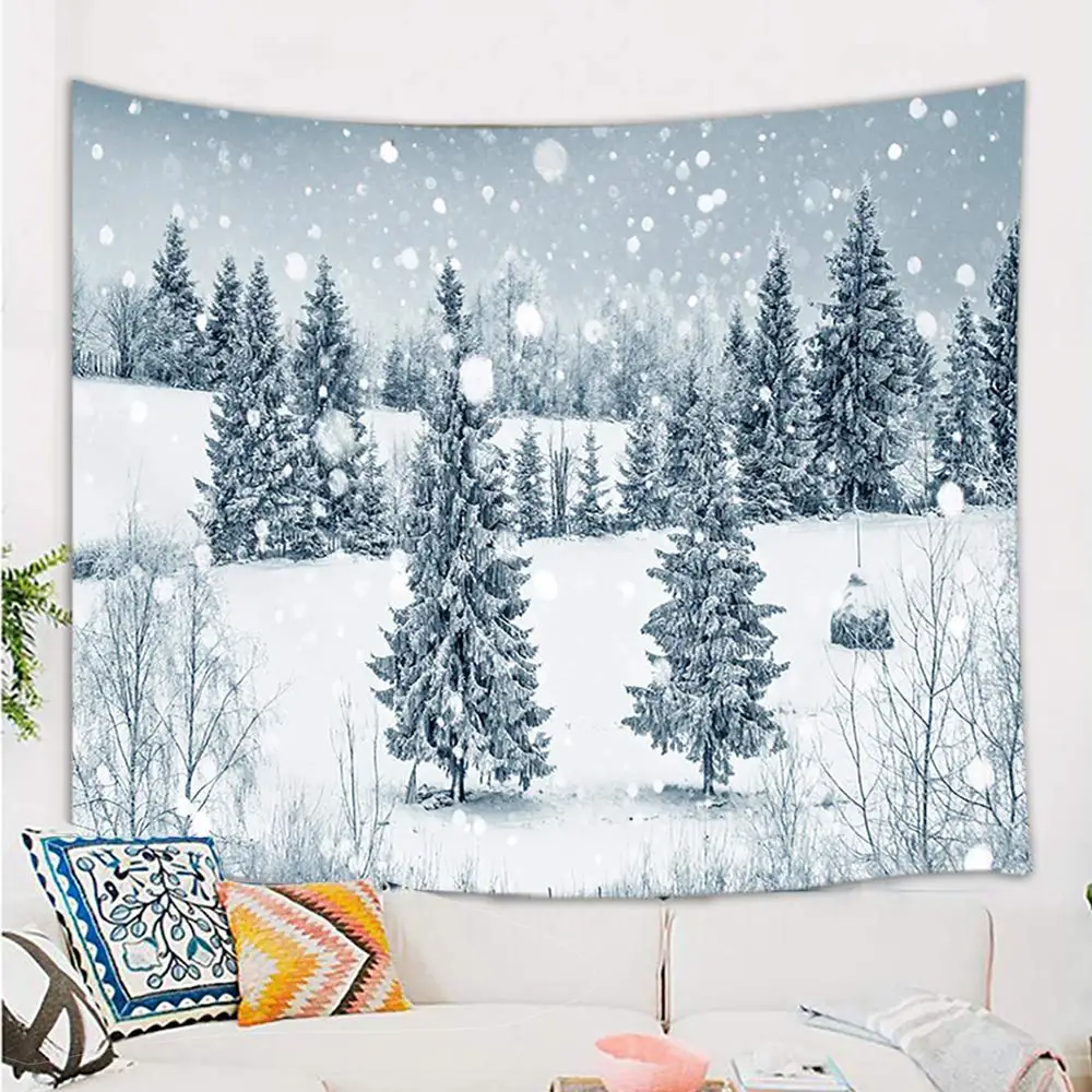 Зимний лес рождественский зимний снежный с елками и снежинками гобелен | Дом сад